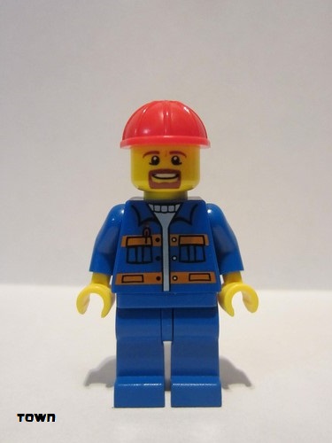 lego 2015 mini figurine con009 Citizen Blue Jacket with Pockets and Orange Stripes, Blue Legs, Red Construction Helmet, Brown Moustache and Goatee 