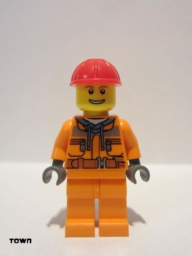 lego 2015 mini figurine cty0549 Construction Worker Chest Pocket Zippers, Belt over Dark Gray Hoodie, Red Construction Helmet 