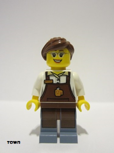 lego 2015 mini figurine cty0580 City Square Barista Reddish Brown Apron with Cup, Reddish Brown Ponytail and Swept Sideways Fringe, Glasses and Smile 