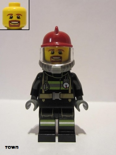 lego 2015 mini figurine cty0601 Fire Reflective Stripes with Utility Belt, Dark Red Fire Helmet, Breathing Neck Gear with Airtanks, Trans Clear Visor, Goatee 