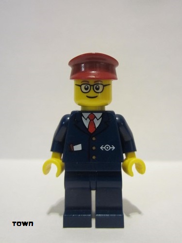 lego 2015 mini figurine trn115a Tram Driver Dark Blue Suit with Train Logo, Dark Blue Legs, Dark Red Hat, Rounded Glasses 