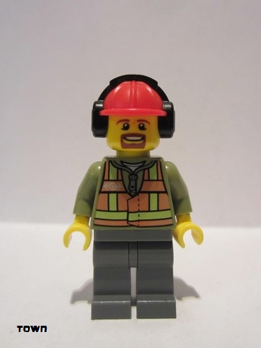 lego 2015 mini figurine trn238 Citizen Light Orange Safety Vest, Dark Bluish Gray Legs, Red Construction Helmet with Headset, Brown Moustache and Goatee 