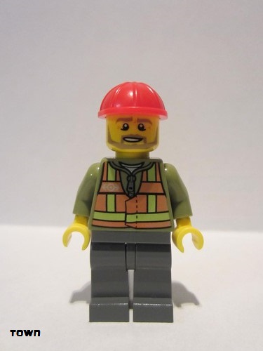 lego 2015 mini figurine trn239 Citizen Light Orange Safety Vest, Dark Bluish Gray Legs, Red Construction Helmet, Beard Light Brown Angular 