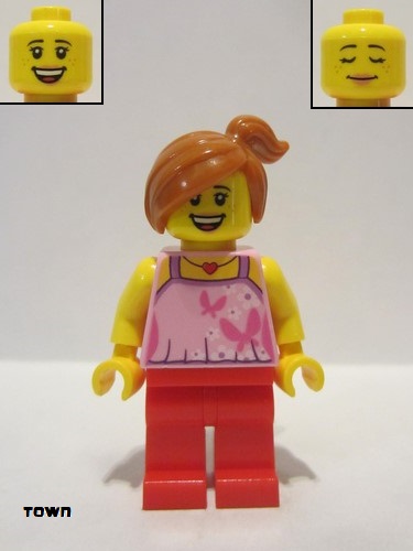 lego 2015 mini figurine twn233 Child Bright Pink Top with Butterflies and Flowers, Red Legs, Off-center Ponytail 