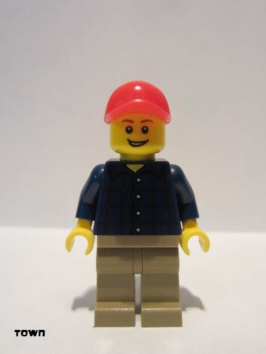 lego 2015 mini figurine twn246 Man Plaid Button Shirt, Dark Tan Legs, Red Cap with Hole 