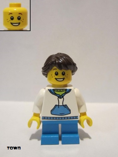 lego 2015 mini figurine twn247 Child White Hoodie with Blue Pockets, Dark Azure Short Legs, Freckles 