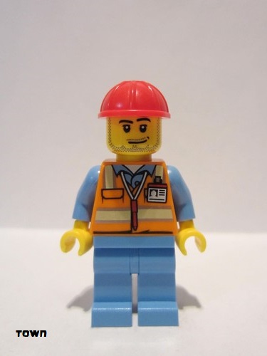 lego 2016 mini figurine air050 Citizen Orange Safety Vest with Reflective Stripes, Medium Blue Legs, Red Construction Helmet, Smirk and Stubble Beard 