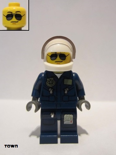lego 2016 mini figurine cty0383a Forest Police - Helicopter Pilot Dark Blue Flight Suit with Badge, Helmet, Black and Silver Sunglasses, Black Eyebrows 