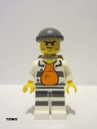 lego 2016 mini figurine cty0618 Police - Jail Prisoner 18675, Open Shirt, Striped Legs, Gray Knit Cap, Backpack 