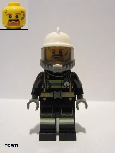 lego 2016 mini figurine cty0626 Fire Reflective Stripes with Utility Belt, White Fire Helmet, Breathing Neck Gear with Airtanks, Trans Black Visor, Goatee 