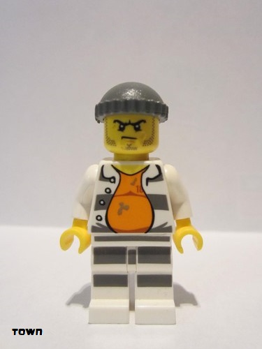 lego 2016 mini figurine cty0643 Police - Jail Prisoner 18675, Open Shirt, Striped Legs, Gray Knit Cap 