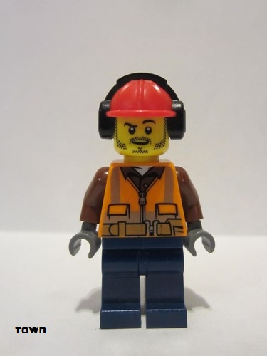 lego 2016 mini figurine cty0653 Fire Orange Zipper, Safety Stripes, Belt, Brown Shirt, Dark Blue Legs, Red Construction Helmet, Headphones, Slight Smile, Stubble 