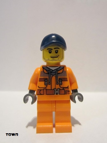 lego 2016 mini figurine cty0674 Tow Truck Driver Orange Chest Pocket Zippers, Belt over Dark Gray Hoodie, Orange Legs, Blue Cap with Hole 