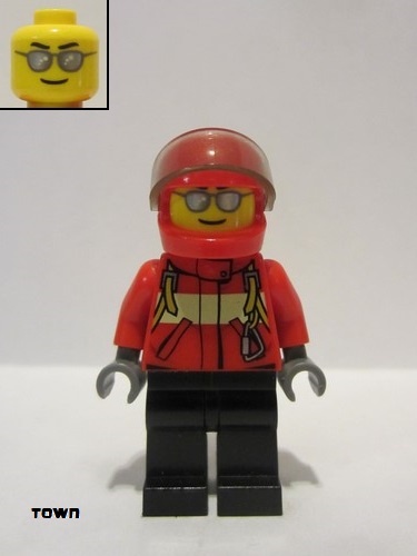 lego 2016 mini figurine cty0678 City Pilot Male, Red Fire Suit with Carabiner, Black Legs, Red Helmet, Silver Sunglasses 