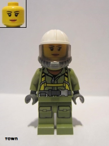 lego 2016 mini figurine cty0681 Volcano Explorer Female Worker, Suit with Harness, Construction Helmet, Breathing Neck Gear with Airtanks, Trans-Black Visor 