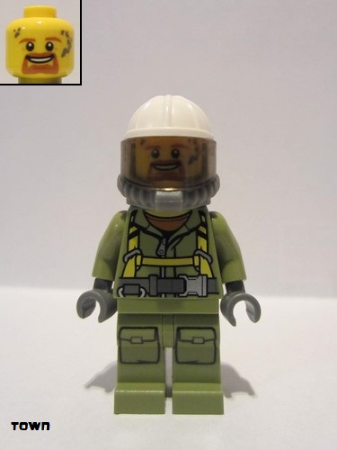 lego 2016 mini figurine cty0685 Volcano Explorer Male Worker, Suit with Harness, Construction Helmet, Breathing Neck Gear with Yellow Airtanks, Trans-Black Visor, Goatee 