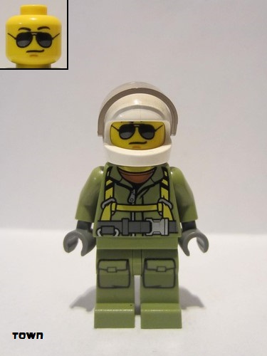 lego 2016 mini figurine cty0697 Volcano Explorer Male Worker, Suit with Harness, White Helmet, Trans-Black Visor, Sunglasses 