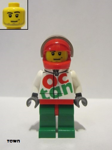 lego 2016 mini figurine rac059 Race Car Driver White Octan Race Suit with Silver Zipper, Red Helmet with Trans-Black Visor, Crooked Smile, Stubble Beard 