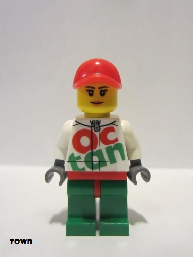 lego 2016 mini figurine rac060 Race Car Female Mechanic White Octan Race Suit with Silver Zipper, Red Cap with Hole, Peach Lips 