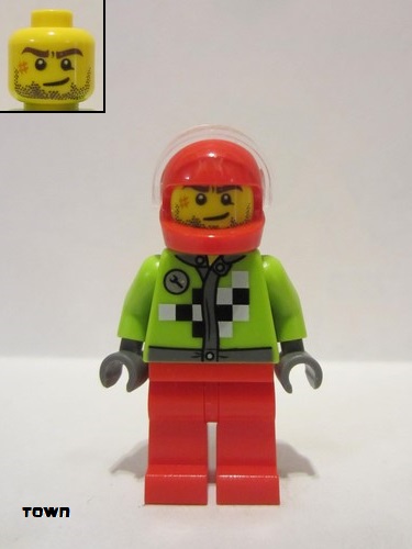 lego 2016 mini figurine rac061 Citizen Lime Jacket with Wrench and Black and White Checkered Pattern, Red Legs, Red Helmet, Trans-Clear Visor 