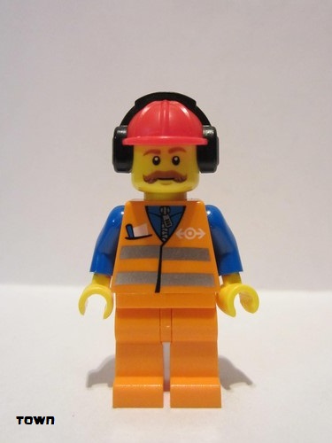 lego 2016 mini figurine trn240 Citizen Orange Vest with Safety Stripes - Orange Legs, Red Construction Helmet with Headset 