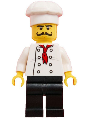 lego 2017 mini figurine chef025 Chef Black Legs, Moustache Curly Long, 'LEGO House Home of the Brick' Print on Back 