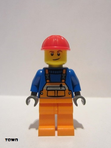 lego 2017 mini figurine con011 Citizen Overalls with Safety Stripe Orange, Orange Legs, Red Construction Helmet, Lopsided Smile 