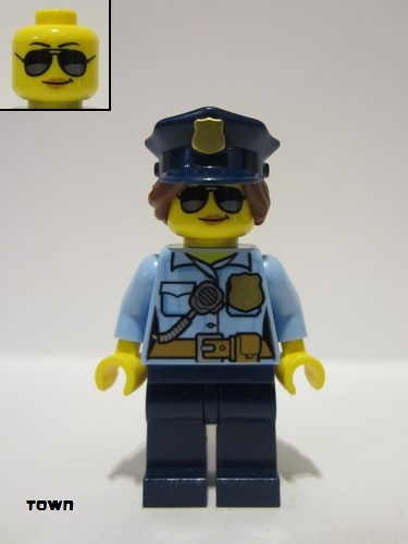 lego 2017 mini figurine cty0732 Police - City Officer Female, Bright Light Blue Shirt with Badge and Radio, Dark Blue Legs, Dark Blue Police Hat, Sunglasses 
