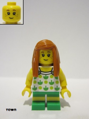 lego 2017 mini figurine cty0761 Beachgoer Girl, Top with Apples and Green Legs with Yellow Stripes 