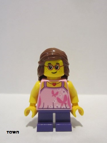 lego 2017 mini figurine cty0767 Beachgoer Girl, Glasses, Pink Top, Purple Legs 