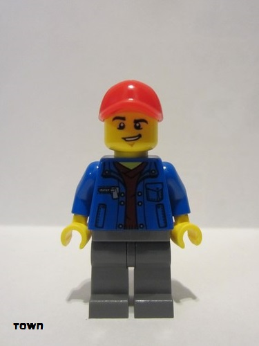 lego 2017 mini figurine cty0800 Truck Driver Blue Jacket over Dark Red V-Neck Sweater, Dark Bluish Gray Legs, Red Cap with Hole, Lopsided Grin 