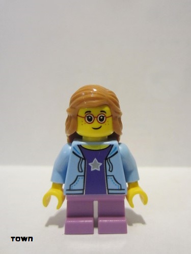 lego 2017 mini figurine twn289 Girl Bright Light Blue Hoodie, Medium Lavender Short Legs, Medium Nougat Female Hair Mid-Length, Glasses 