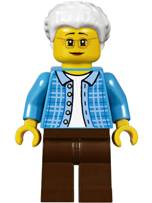 lego 2017 mini figurine twn294 Grandma Dark Azure Plaid Jacket with Collar, Dark Brown Legs and White Hair 