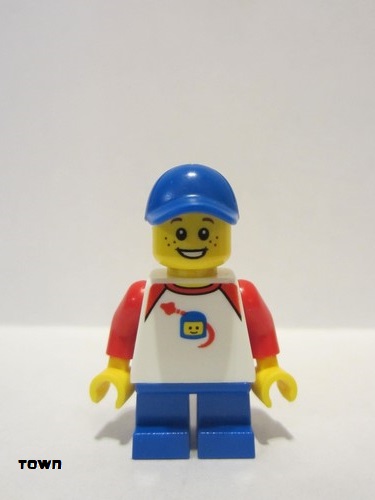 lego 2017 mini figurine twn302 Boy Classic Space Shirt with Red Sleeves, Blue Short Legs, Blue Cap 