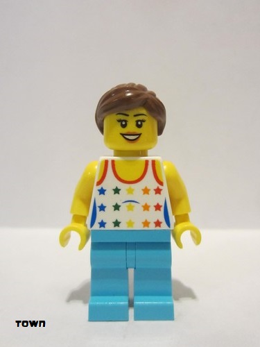 lego 2018 mini figurine cty0819 Citizen Shirt with Female Rainbow Stars Pattern, Medium Azure Legs, Reddish Brown Ponytail Hair, Black Eyebrows 