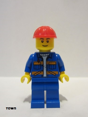 lego 2018 mini figurine cty0889 Citizen Blue Jacket with Diagonal Lower Pockets and Orange Stripes, Blue Legs, Red Construction Helmet 