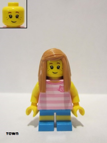 lego 2018 mini figurine cty0907 Hiker Girl Child, Pink Kitty Shirt, Medium Nougat Long Straight Hair with Side Part 