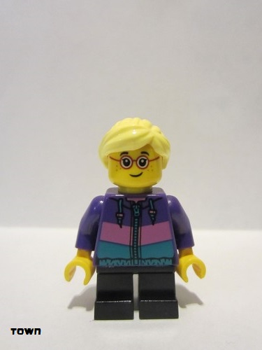 lego 2018 mini figurine cty0908 Hiker Girl Child, Dark Purple Jacket, Glasses, Bright Light Yellow Ponytail and Swept Sideways Fringe 