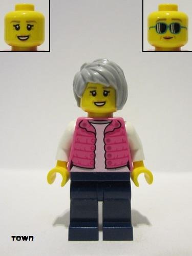 lego 2018 mini figurine cty0912 Camper Female, Dark Pink Jacket, Dark Blue Legs, Light Bluish Gray Female Hair Short Tousled 