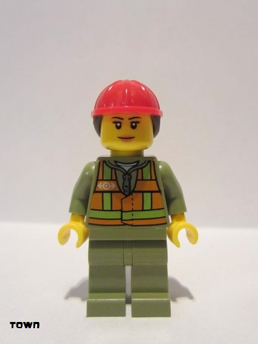 lego 2018 mini figurine trn246 Train Worker Female, Orange Safety Vest with Lime Straps, Olive Legs, Red Construction Helmet with Ponytail 