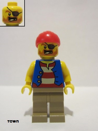 lego 2018 mini figurine twn332 Pirate Man Striped Red and White Shirt Under Blue Vest, Red Bandana, Left Eye Patch and 3 Gold Teeth, Dark Tan Legs 