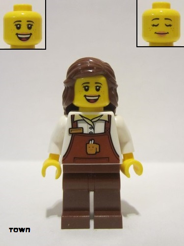 lego 2018 mini figurine twn345 Citizen Female with Reddish Brown Apron with Cup and Name Tag Pattern, Reddish Brown Female Hair Mid-Length 