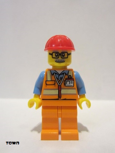 lego 2018 mini figurine twn346 Citizen Orange Safety Vest with Reflective Stripes, Orange Legs, Red Construction Helmet, Glasses 