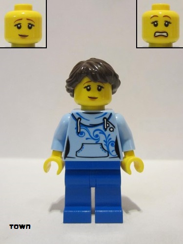 lego 2018 mini figurine twn348 Citizen Female, Dark Brown Hair with Long Braid, Bright Light Blue Hoodie, Blue Legs (Ludo Blue) 