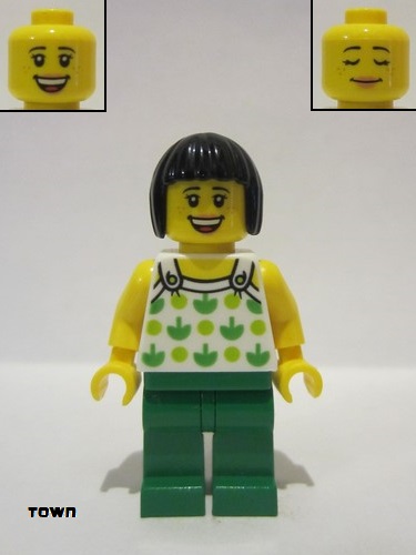 lego 2018 mini figurine twn350 Citizen Female, Black Short Hair, White Top with Green Apples and Lime Dots, Green Legs (Ludo Green) 