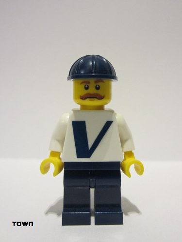 lego 2018 mini figurine twn366 Citizen Male with Vestas Logo on Torso, Dark Blue Legs, Dark Blue Construction Helmet, Moustache 