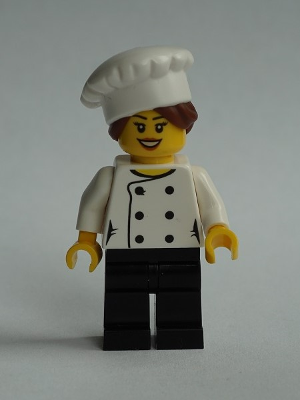lego 2019 mini figurine chef026 Chef Black Legs, Open Mouth Smile, Hair in Bun, 'LEGO HOUSE Home of the Brick' on Back, Female 