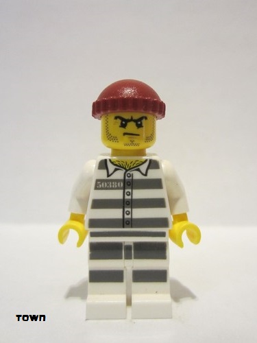 lego 2019 mini figurine cty0954 Sky Police - Jail Prisoner 50380 Prison Stripes, Stubble, Dark Red Knit Cap 