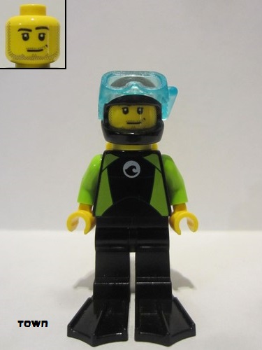 lego 2019 mini figurine cty0958 Diver Male, Black Flippers and Wetsuit with White Logo, Yellow Scuba Tank 