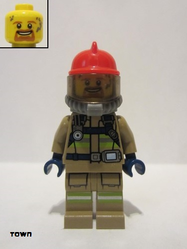 lego 2019 mini figurine cty0962 Fire Reflective Stripes, Dark Tan Suit, Red Fire Helmet, Open Mouth with Goatee, Breathing Neck Gear with Blue Airtanks 